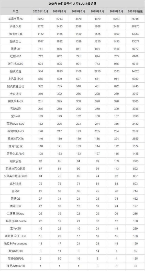 2025年10月豪华中大型SUV销量分析：分化加剧，市场竞争白热化