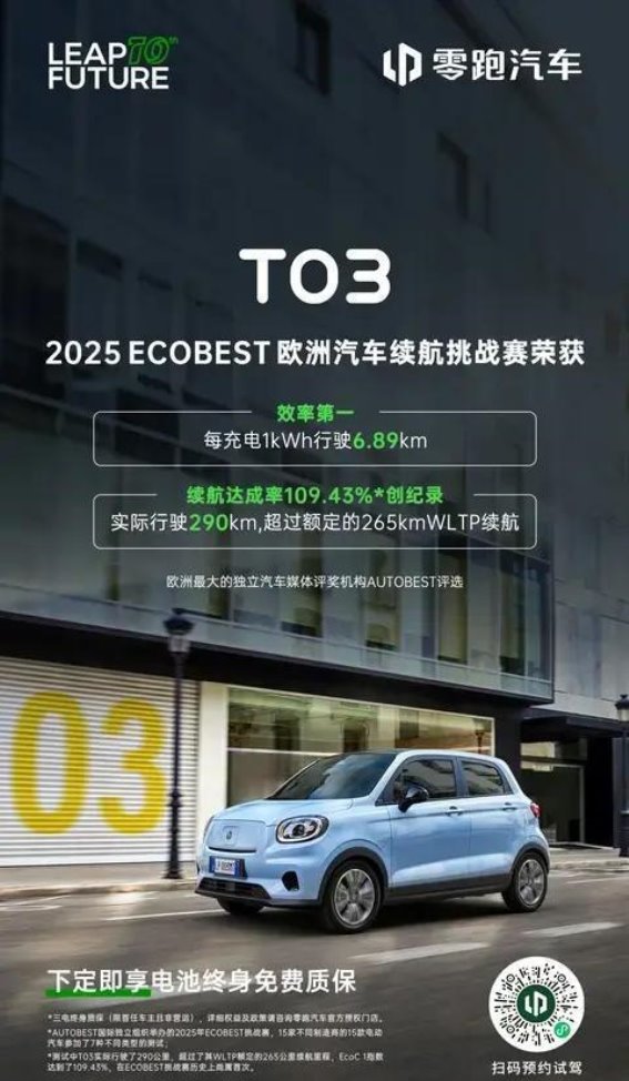 零跑T03在2025欧洲续航挑战赛中荣获第一，续航能力超乎预期